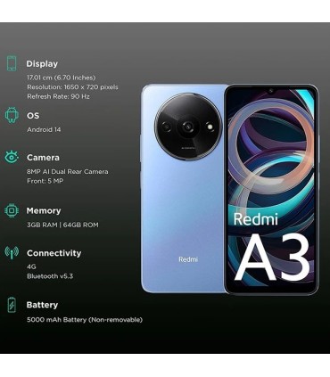 گوشی شیائومی Redmi A3 | رم ۴ گیگابایت | ظرفیت ۱۲۸ گیگابایت | رنگ آبی | پک گلوبال
